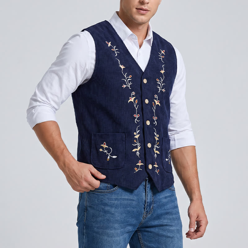 Gilet de costume élégant pour homme, brodé de motifs floraux et de vigne - image 2