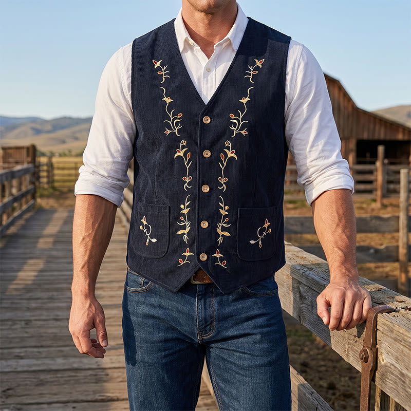 Gilet de costume élégant pour homme, brodé de motifs floraux et de vigne - Noir - 2XL - image 5