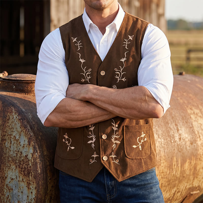 Gilet de costume élégant pour homme, brodé de motifs floraux et de vigne - Café - 2XL - image 4