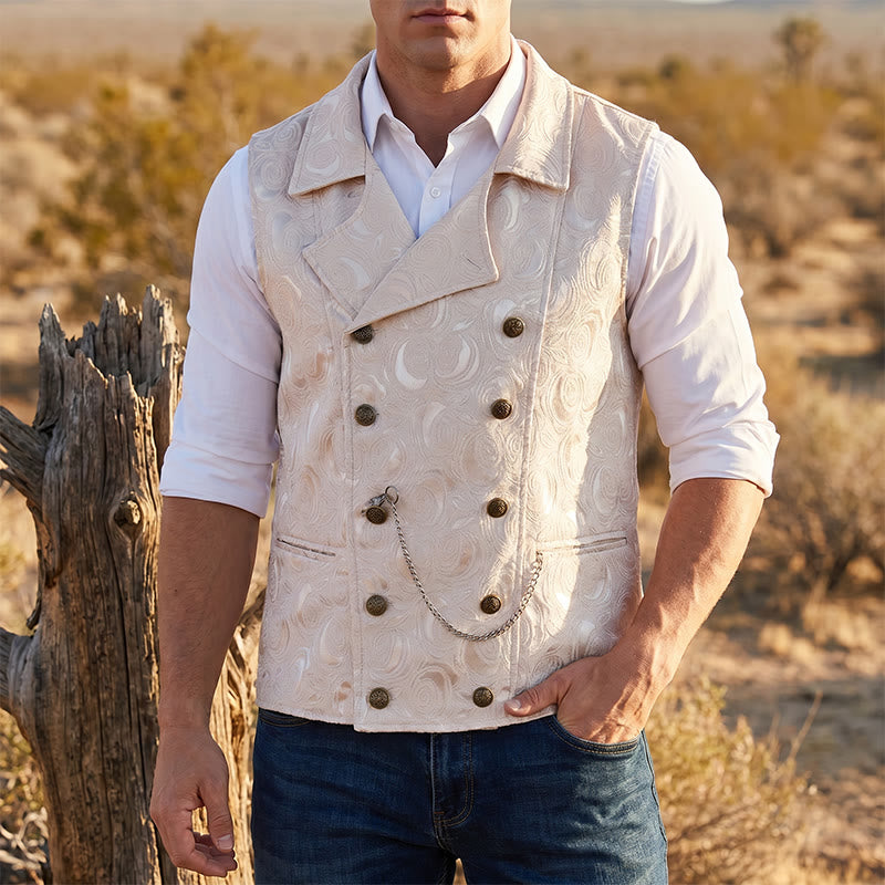Gilet de costume croisé pour homme en jacquard floral avec détail de chaîne - Champagne - 2XL - image 1