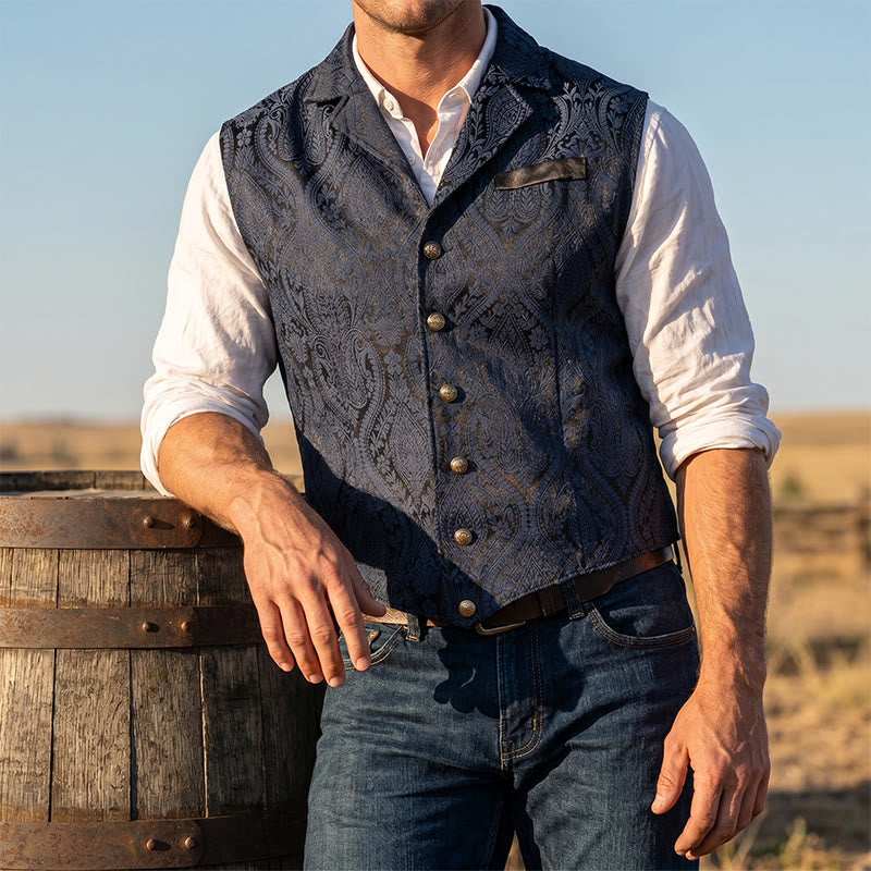 Gilet de costume pour homme, style victorien, en jacquard à motif cachemire et revers cranté - Marine - 2XL - image 1