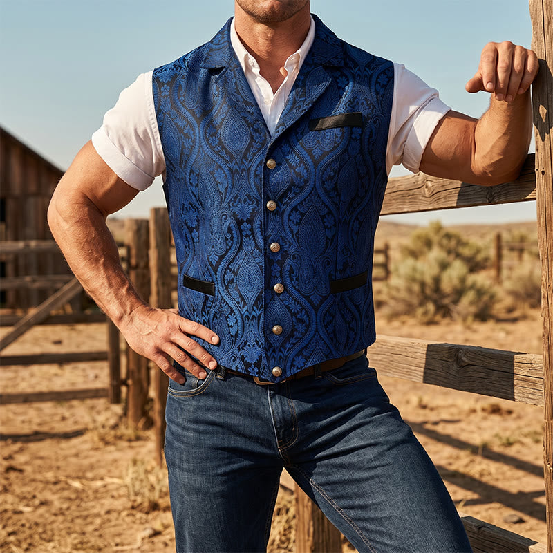 Gilet de costume pour homme, style victorien, en jacquard à motif cachemire et revers cranté - Bleu - 2XL - image 11