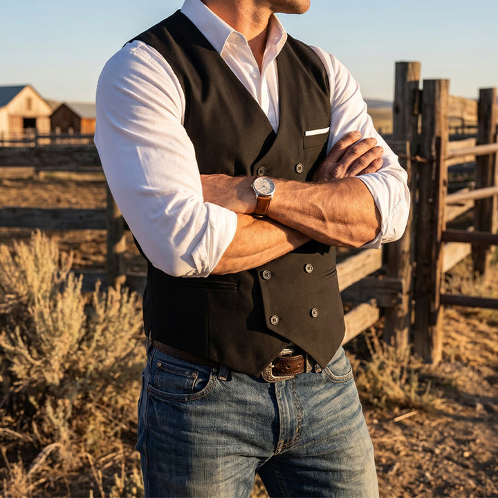 Gilet de costume croisé pour homme, couleur unie - Noir - 3XL - image 8