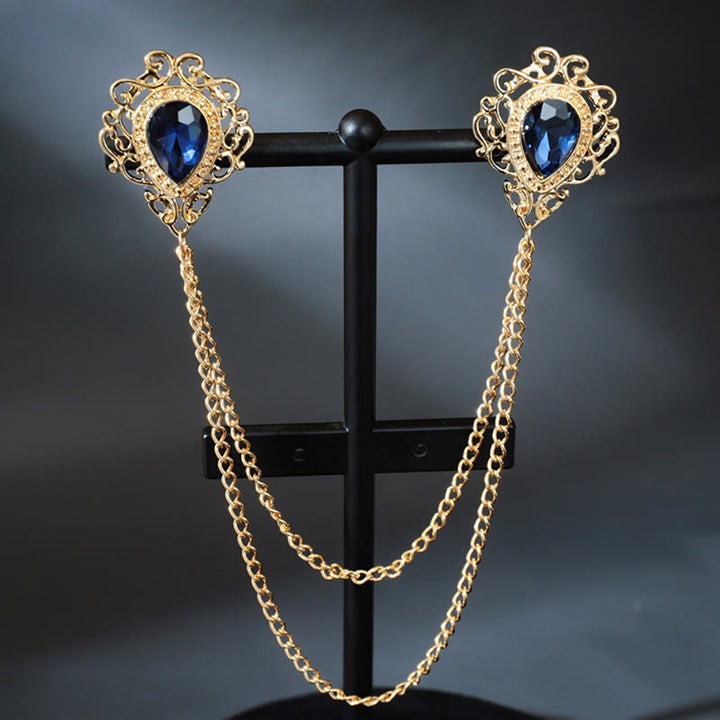 Broche à chaîne en forme de double larme style baroque royal - Bleu et or - image 0