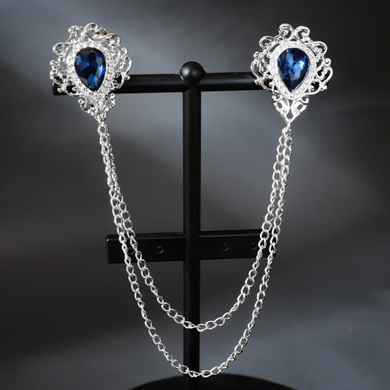Broche à chaîne en forme de double larme style baroque royal - Bleu et argent - image 1