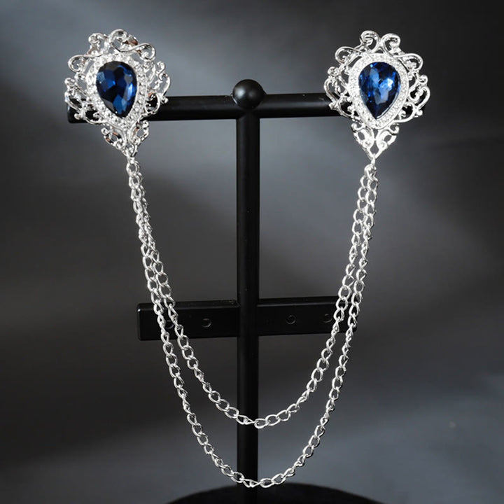Broche à chaîne en forme de double larme style baroque royal - Bleu et argent - image 1