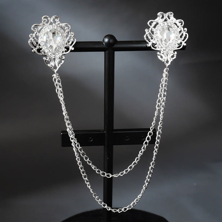Broche à chaîne en forme de double larme style baroque royal - Blanc et or - image 3