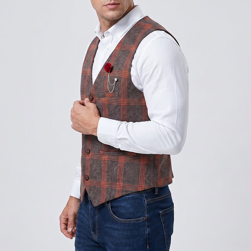 Gilet de costume élégant à carreaux toutes saisons avec broche rose rouge - image 3