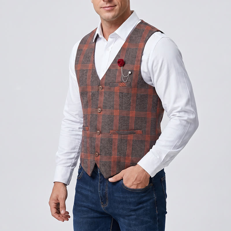 Gilet de costume élégant à carreaux toutes saisons avec broche rose rouge - image 1