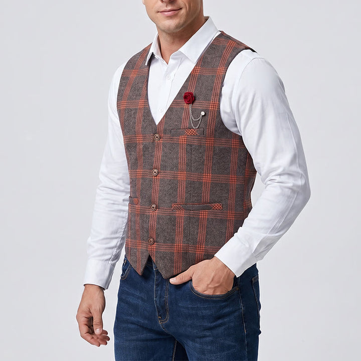 Gilet de costume élégant à carreaux toutes saisons avec broche rose rouge - image 1