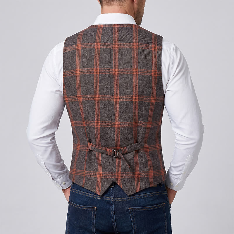 Gilet de costume élégant à carreaux toutes saisons avec broche rose rouge - image 2