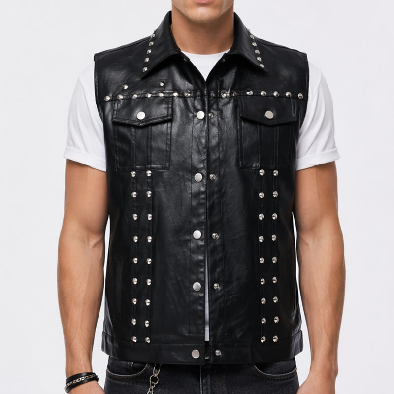 Gilet sans manches en similicuir clouté style punk rock biker - image 1