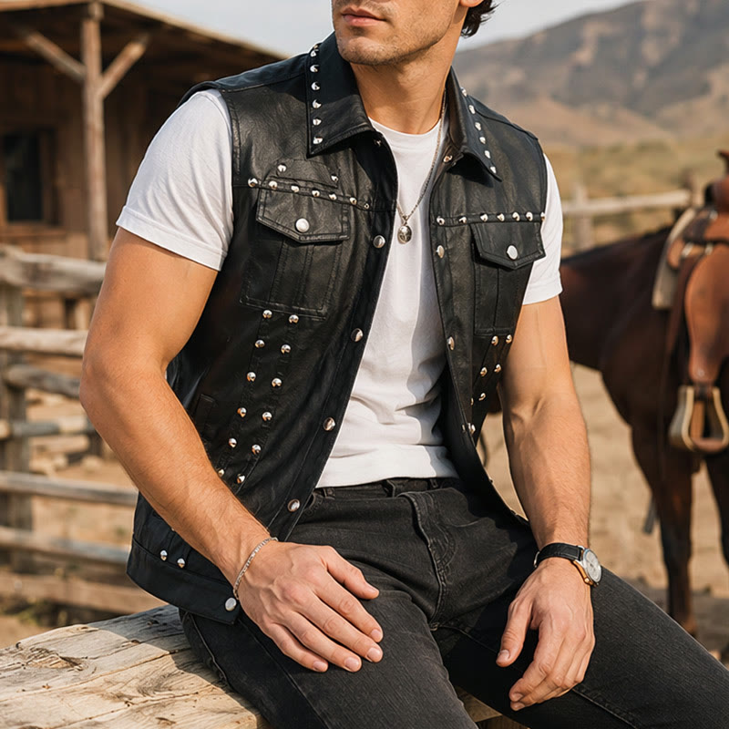 Gilet sans manches en similicuir clouté style punk rock biker - Noir - 2XL - image 0