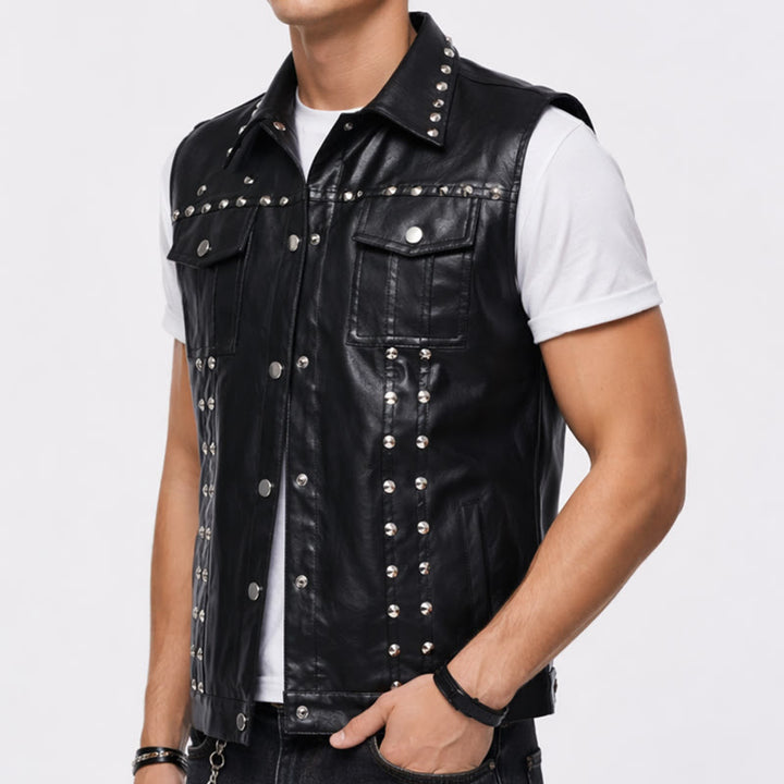 Gilet sans manches en similicuir clouté style punk rock biker - image 3