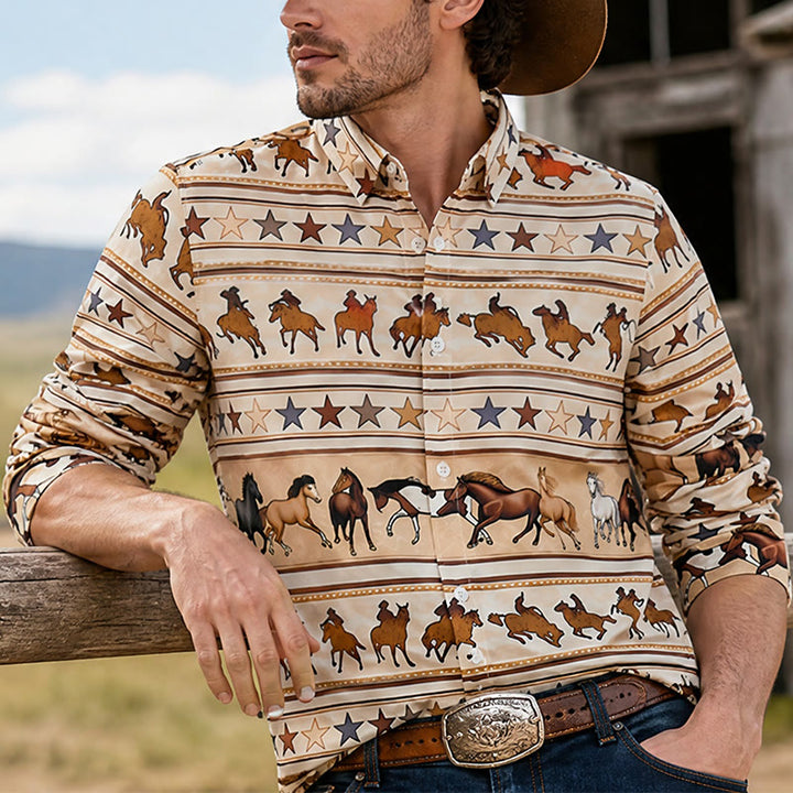 Chemise western pour homme à rayures avec imprimé équestre cheval et étoile - Beige - 6XL - image 0