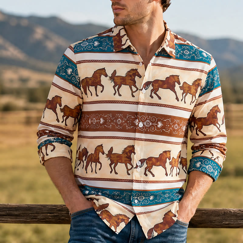 Chemise homme style western rétro à imprimé cheval et bordure ornée - Marron et turquoise - 6XL - image 0