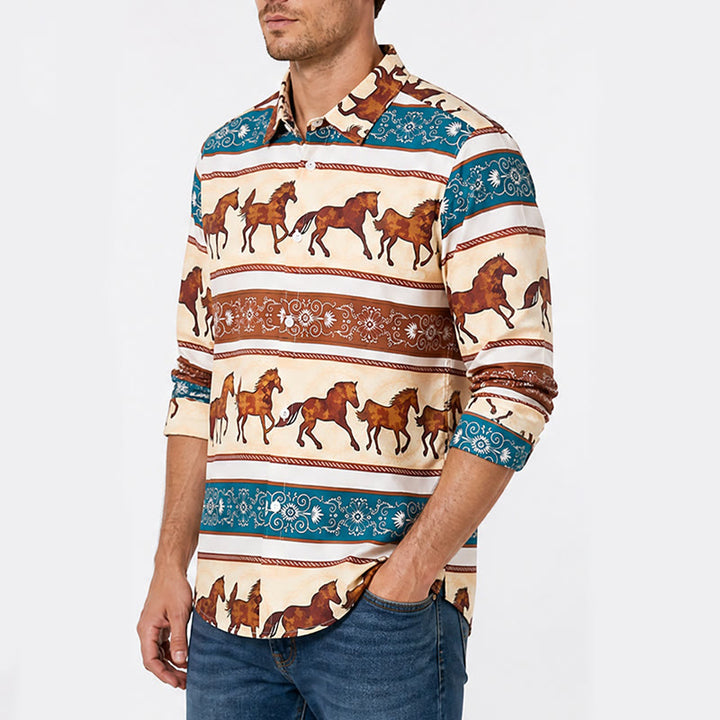 Chemise homme style western rétro à imprimé cheval et bordure ornée - image 3