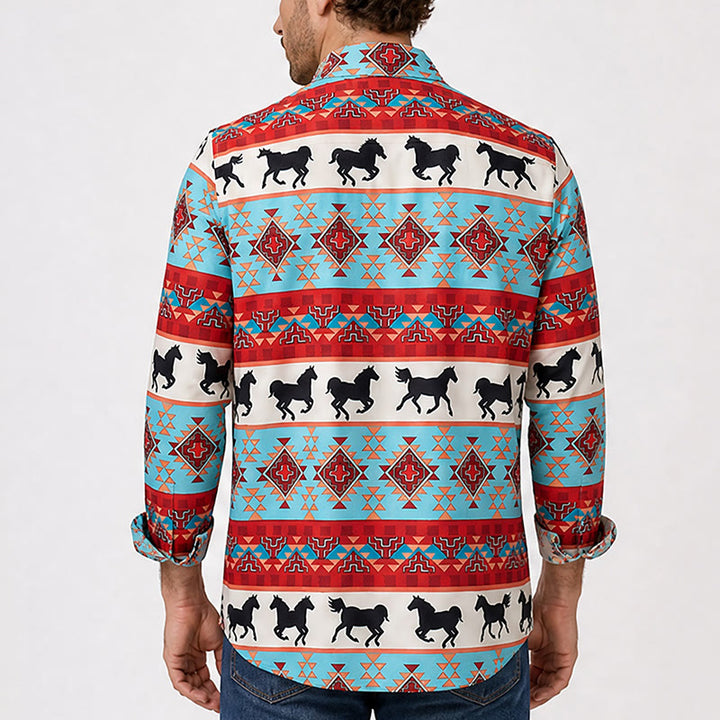 Chemise homme turquoise et rouge à imprimé tribal cheval du sud-ouest - image 2