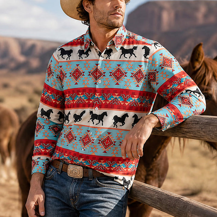 Chemise homme turquoise et rouge à imprimé tribal cheval du sud-ouest - Turquoise et rouge - 6XL - image 0