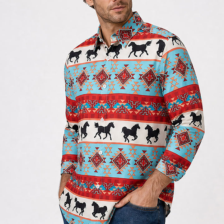 Chemise homme turquoise et rouge à imprimé tribal cheval du sud-ouest - image 3