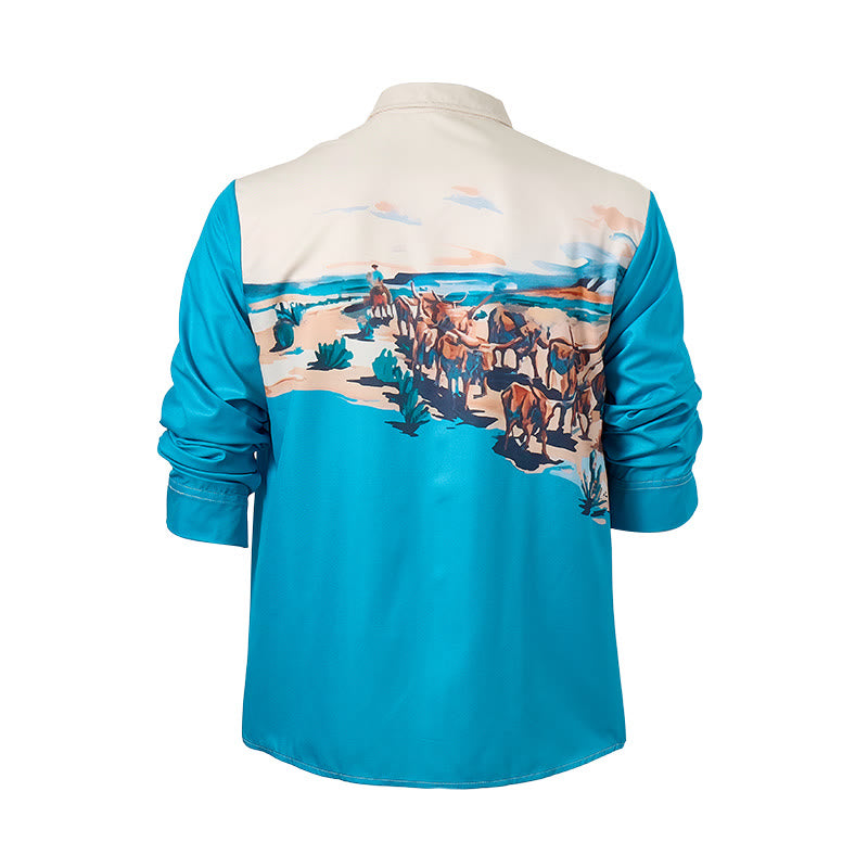 Chemise homme bleu sarcelle et crème à imprimé paysage western représentant une transhumance - image 10