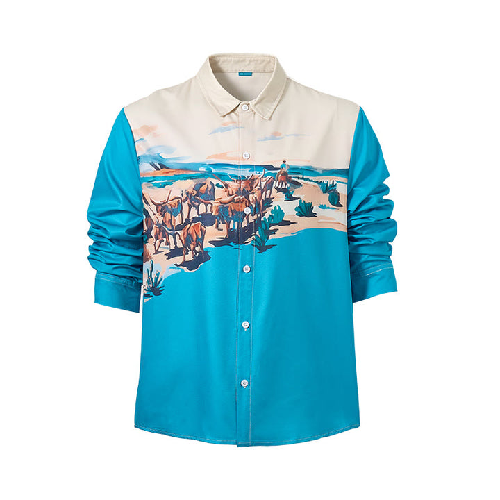 Chemise homme bleu sarcelle et crème à imprimé paysage western représentant une transhumance - image 9
