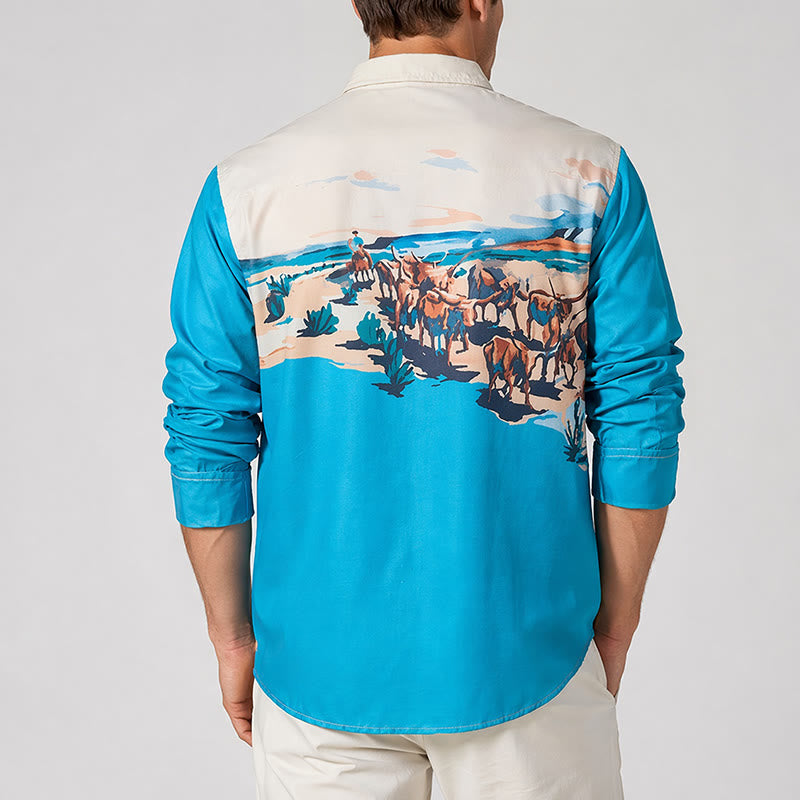 Chemise homme bleu sarcelle et crème à imprimé paysage western représentant une transhumance - image 2
