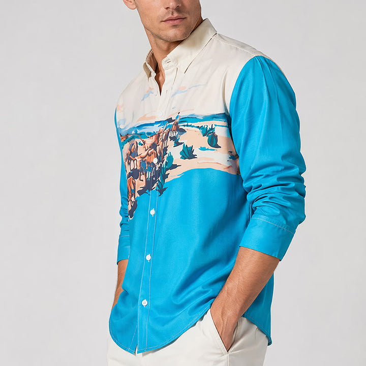 Chemise homme bleu sarcelle et crème à imprimé paysage western représentant une transhumance - image 3