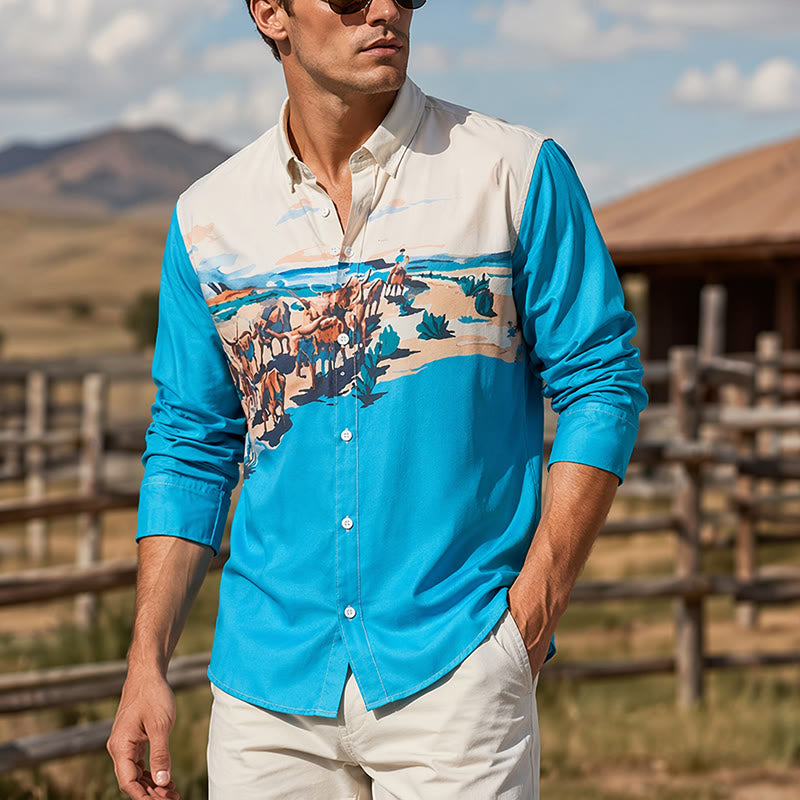 Chemise homme bleu sarcelle et crème à imprimé paysage western représentant une transhumance - Turquoise et crème - 5XL - image 0