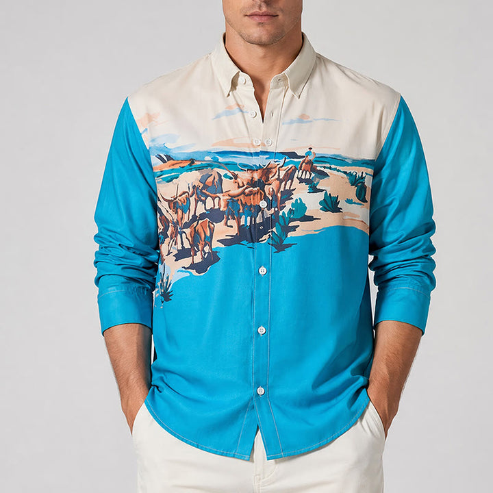 Chemise homme bleu sarcelle et crème à imprimé paysage western représentant une transhumance - image 1