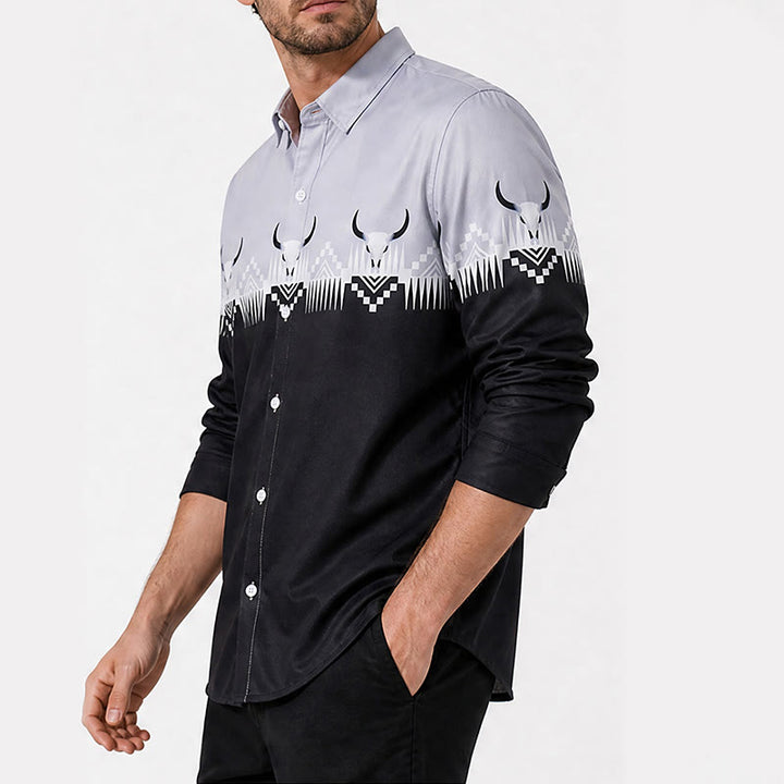 Chemise western classique pour homme, noire et grise, à imprimé tête de taureau - image 3