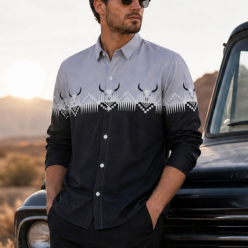 Chemise western classique pour homme, noire et grise, à imprimé tête de taureau - Noir et gris - 5XL - image 0