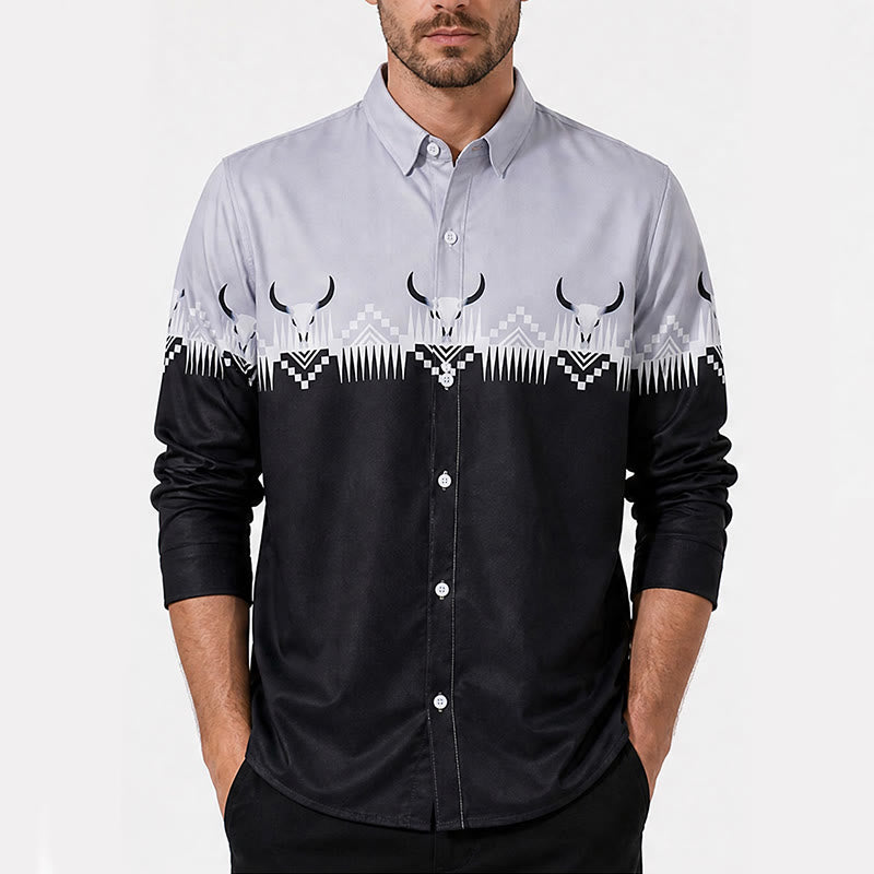 Chemise western classique pour homme, noire et grise, à imprimé tête de taureau - image 1