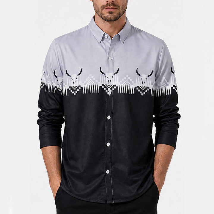 Chemise western classique pour homme, noire et grise, à imprimé tête de taureau - image 1