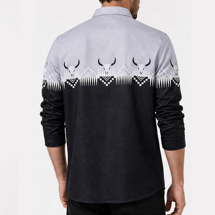 Chemise western classique pour homme, noire et grise, à imprimé tête de taureau - image 2