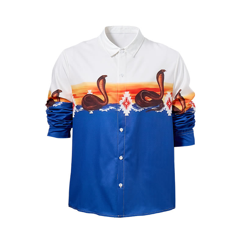 Chemise homme bleue et blanche à imprimé coucher de soleil et serpent aztèque - image 8
