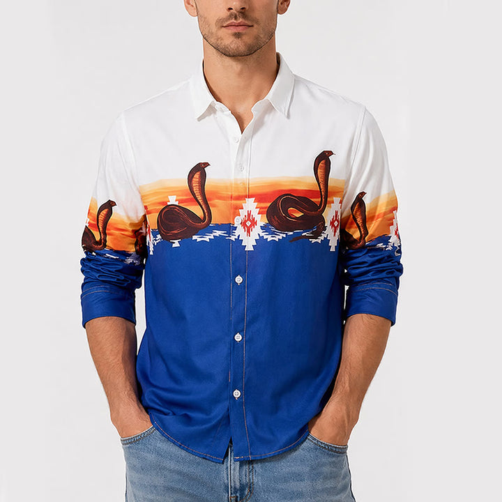 Chemise homme bleue et blanche à imprimé coucher de soleil et serpent aztèque - image 1