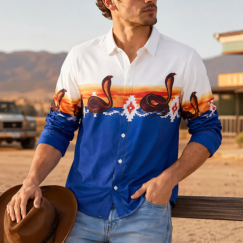 Chemise homme bleue et blanche à imprimé coucher de soleil et serpent aztèque - Bleu et blanc - 5XL - image 0