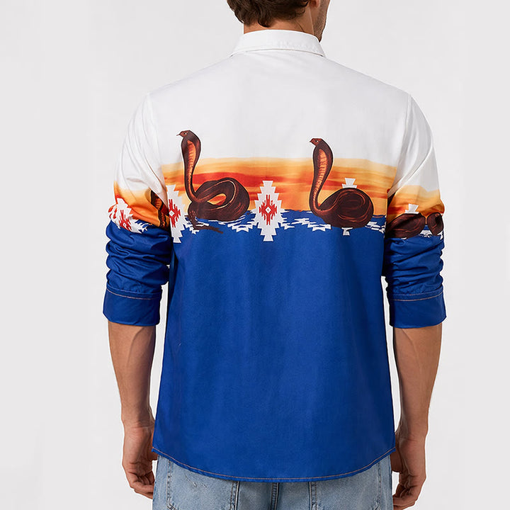 Chemise homme bleue et blanche à imprimé coucher de soleil et serpent aztèque - image 2