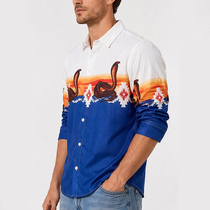 Chemise homme bleue et blanche à imprimé coucher de soleil et serpent aztèque - image 3