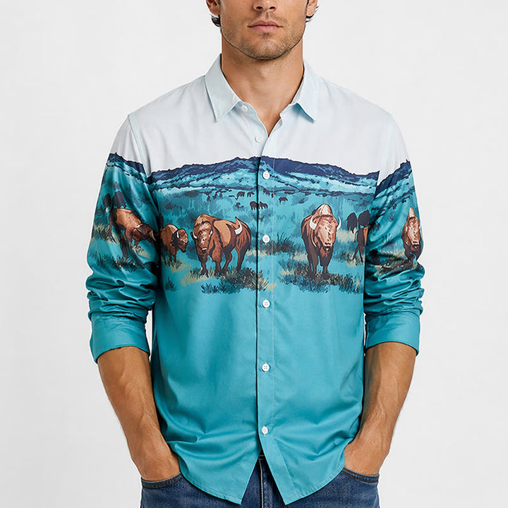 Chemise pour homme à imprimé paysage de bison des prairies de l'Ouest - image 1