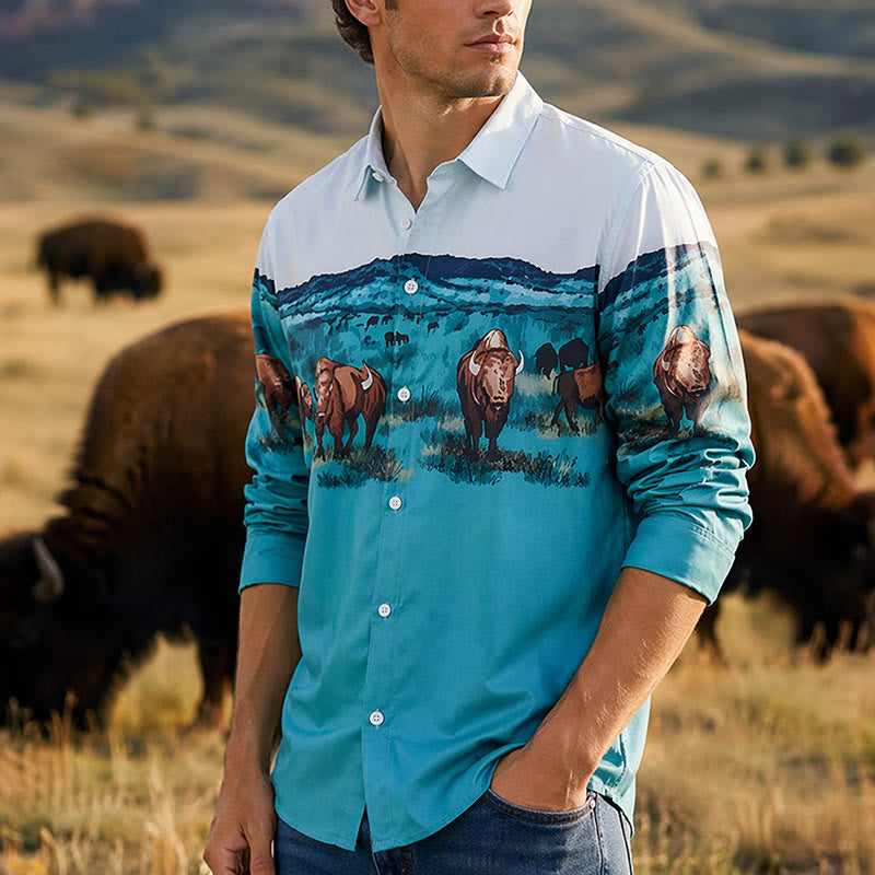 Chemise pour homme à imprimé paysage de bison des prairies de l'Ouest - Turquoise et bleu clair - 5XL - image 0