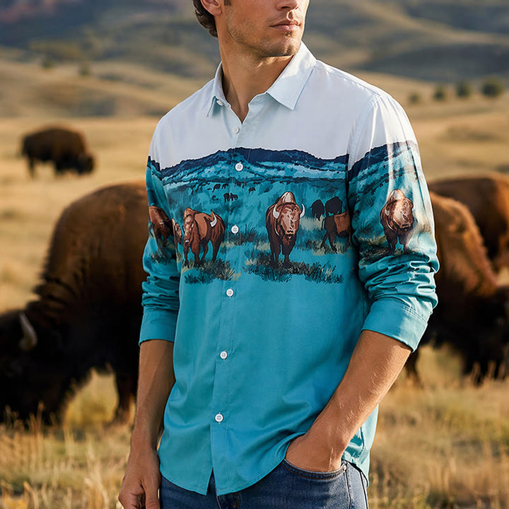 Chemise pour homme à imprimé paysage de bison des prairies de l'Ouest - Turquoise et bleu clair - 5XL - image 0