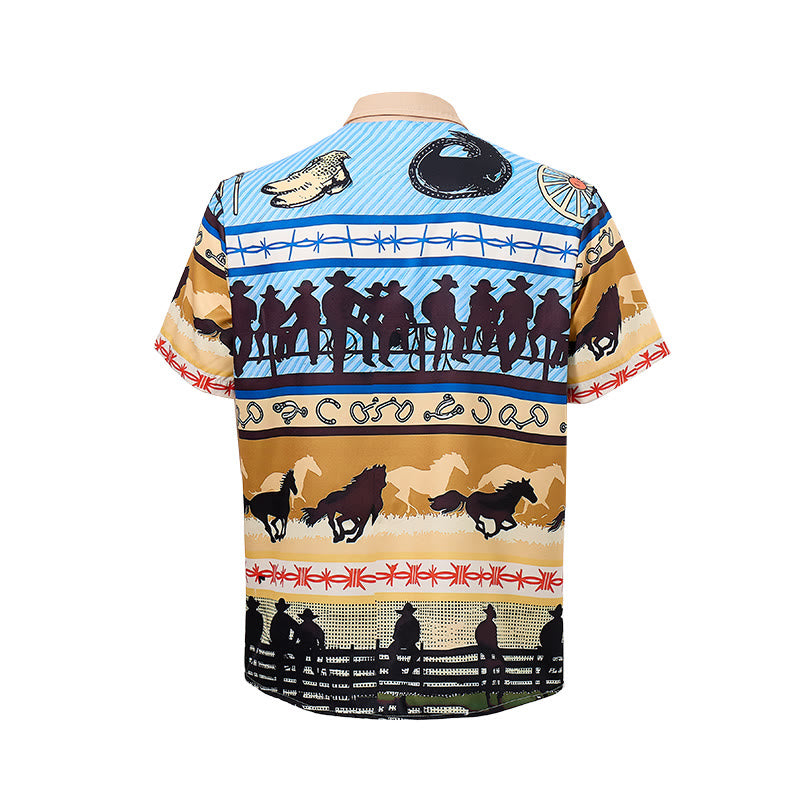 Chemise homme beige et bleue à imprimé silhouette de cowboy et troupeau de chevaux - image 7