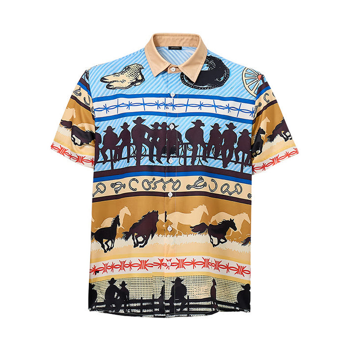 Chemise homme beige et bleue à imprimé silhouette de cowboy et troupeau de chevaux - image 8