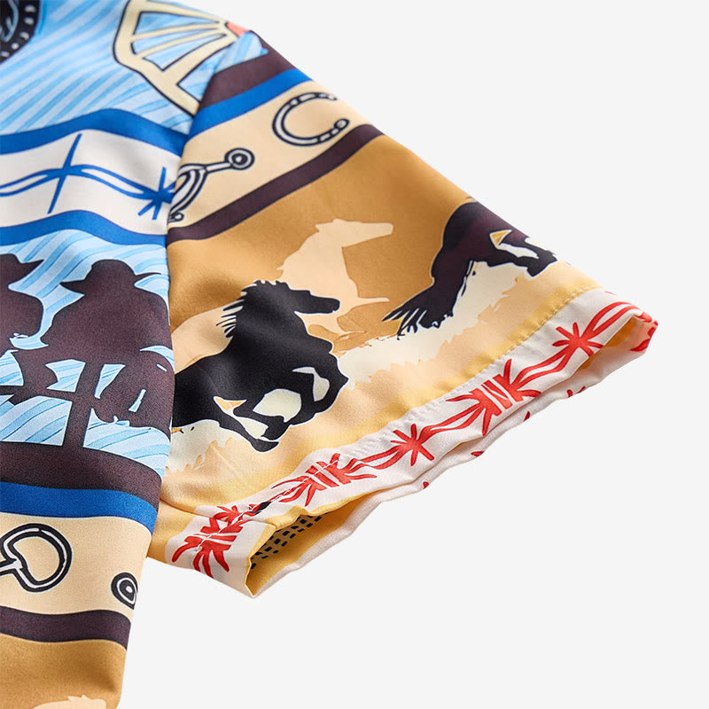 Chemise homme beige et bleue à imprimé silhouette de cowboy et troupeau de chevaux - image 6
