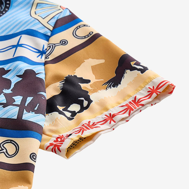 Chemise homme beige et bleue à imprimé silhouette de cowboy et troupeau de chevaux - image 6