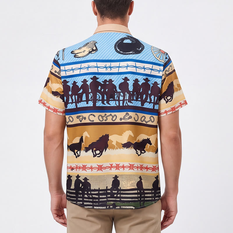 Chemise homme beige et bleue à imprimé silhouette de cowboy et troupeau de chevaux - image 2