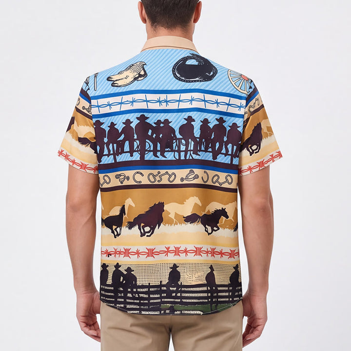 Chemise homme beige et bleue à imprimé silhouette de cowboy et troupeau de chevaux - image 2