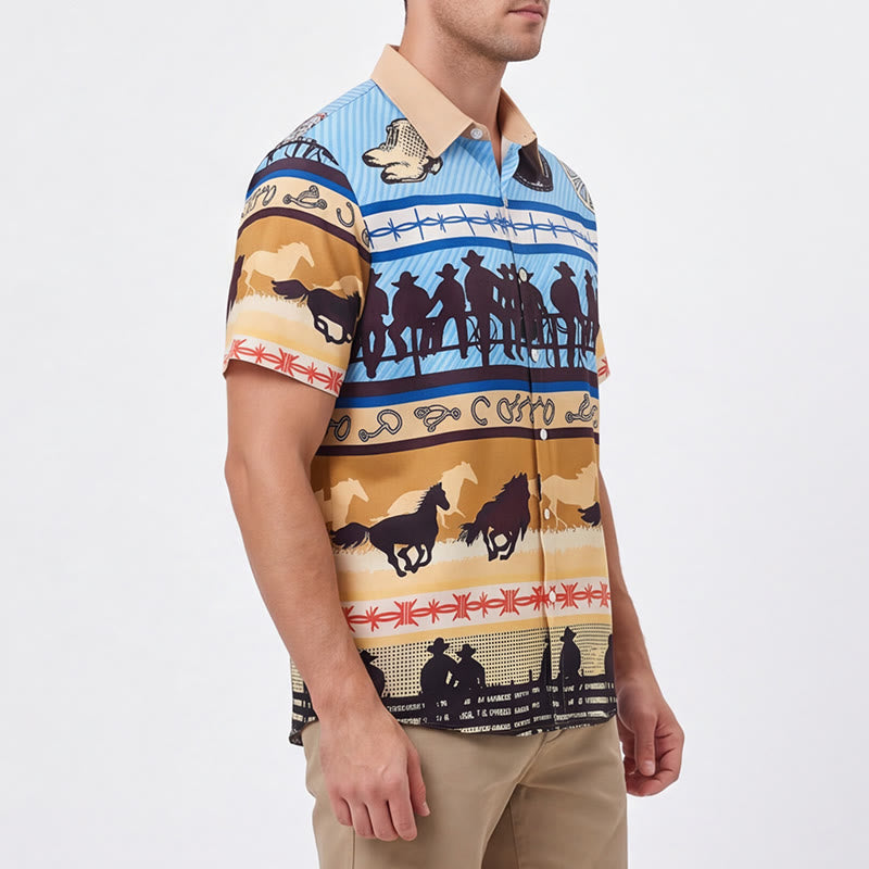 Chemise homme beige et bleue à imprimé silhouette de cowboy et troupeau de chevaux - image 3